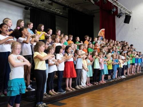 Viele Kinder stehen auf einer Bühne und singen.